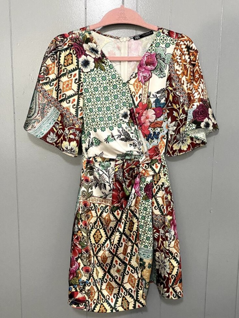 Zara Green Printed Patchwork Satin Short Sleeve Faux Wrap Mini Summer Dress XS